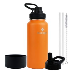honogo 32 oz powder coated double wall vacuum insulated sports water bottle, 18/8 stainless steel wide mouth thermos flask with straw lid & spout lid, leak proof, sweat free, bpa free (orange, 32 oz)