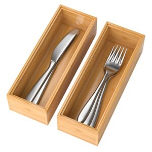 lixple bamboo drawer organizer - set of 2, stackable storage box, silverware tray for drawer, small gadgets holder 9” x 3” x 2”