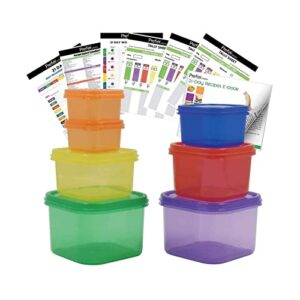 prefer green 7 pcs portion control containers kit (with complete guide, 21 day daily tracker, 21 day meal planner, recipes pdf),label-coded,multi-color-coded system,perfect size for lose weight