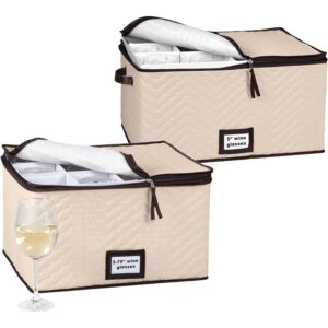 hold n storage pack of 2 sizes wine glass storage with dividers – each holds 12 standard size wine glasses up to 10" h – stemware storage case, protects fine china, durable quilted microfiber bin with