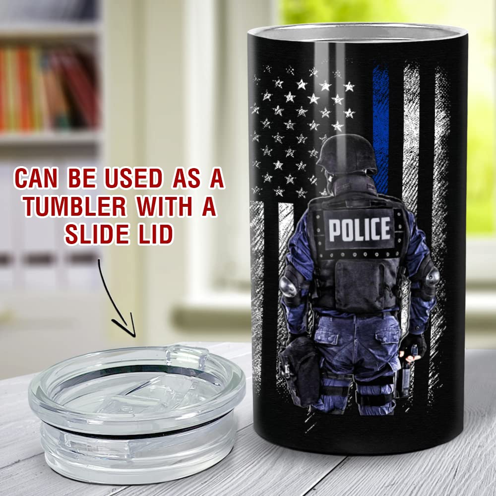 SANDJEST Police Tumbler American Policeman 4 in 1 16oz Tumbler Can Cooler Coozie Skinny Stainless Steel Tumbler Gift for Police Man Dad Father Boy Friends Retirement Birthday Party