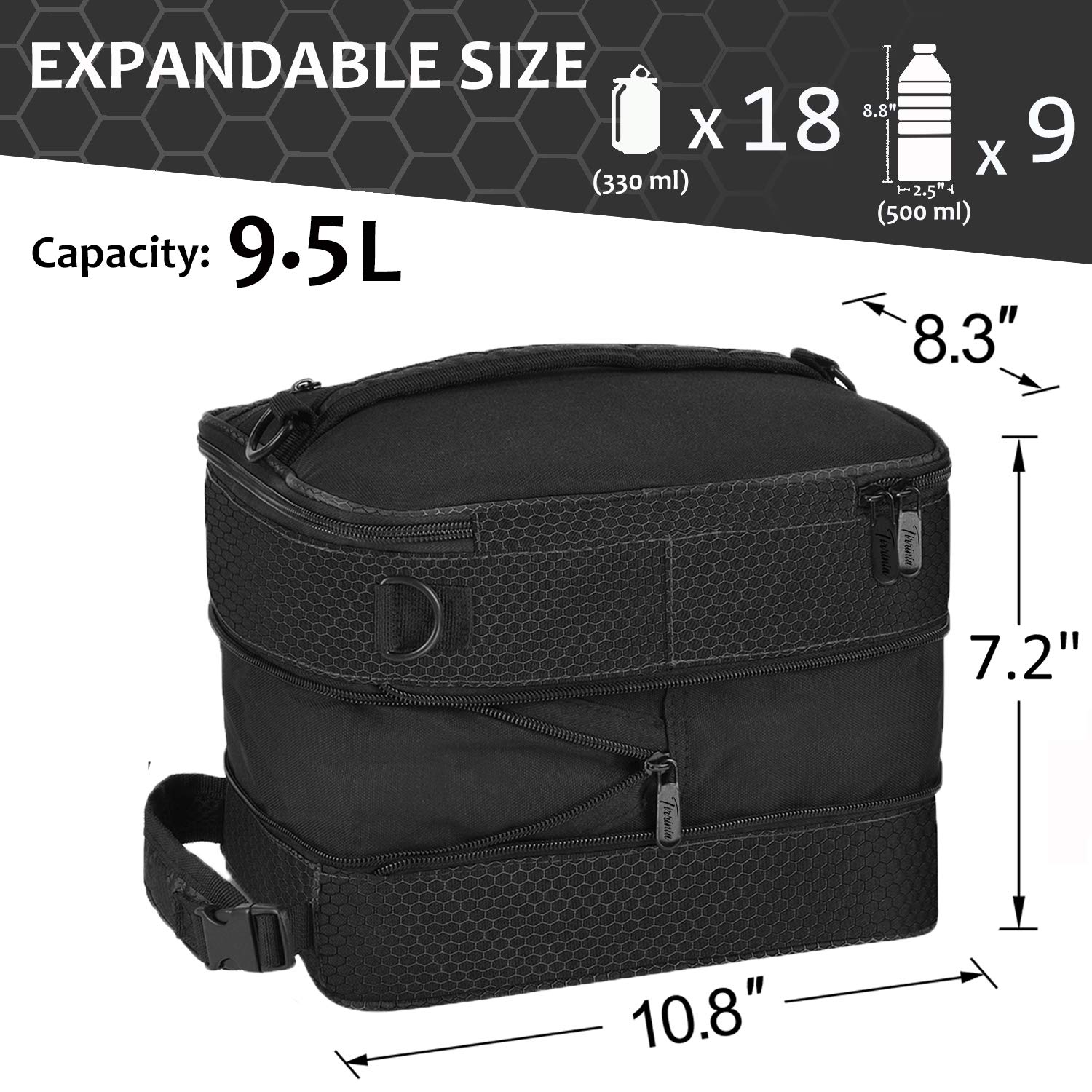 Tirrinia Expandable Insulated Lunch Bag, Leakproof Flat Lunch Cooler Tote with Shoulder Strap for Men and Women, Suitable for Work & Office, Black