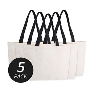 azuca reusable grocery canvas bags with inner pocket large beach shopping heavy duty 12 oz tote multi purpose natural - 20.5 x 14.5 x4.5 inch, 5 pack
