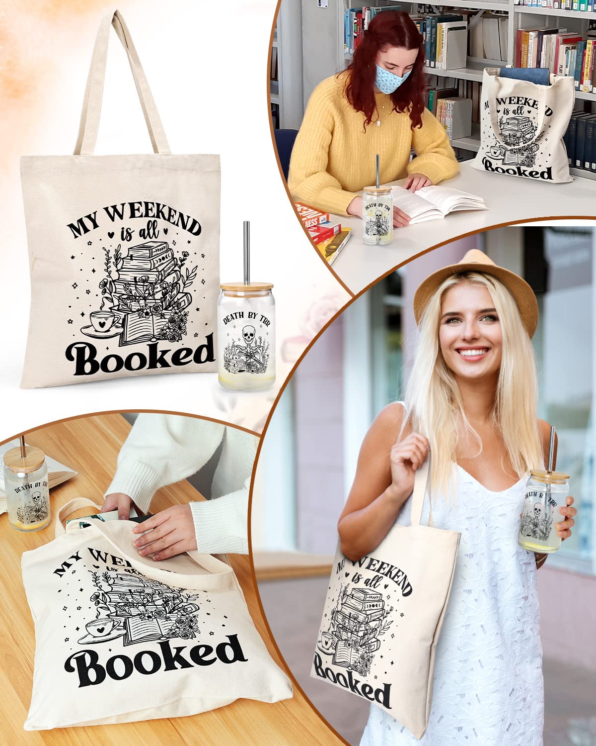 Tuitessine Bookish Gifts for Book Lover Readers Canvas Tote Bag Glass Cup Set Women Teacher Appreciation Gifts Family Birthday Presents