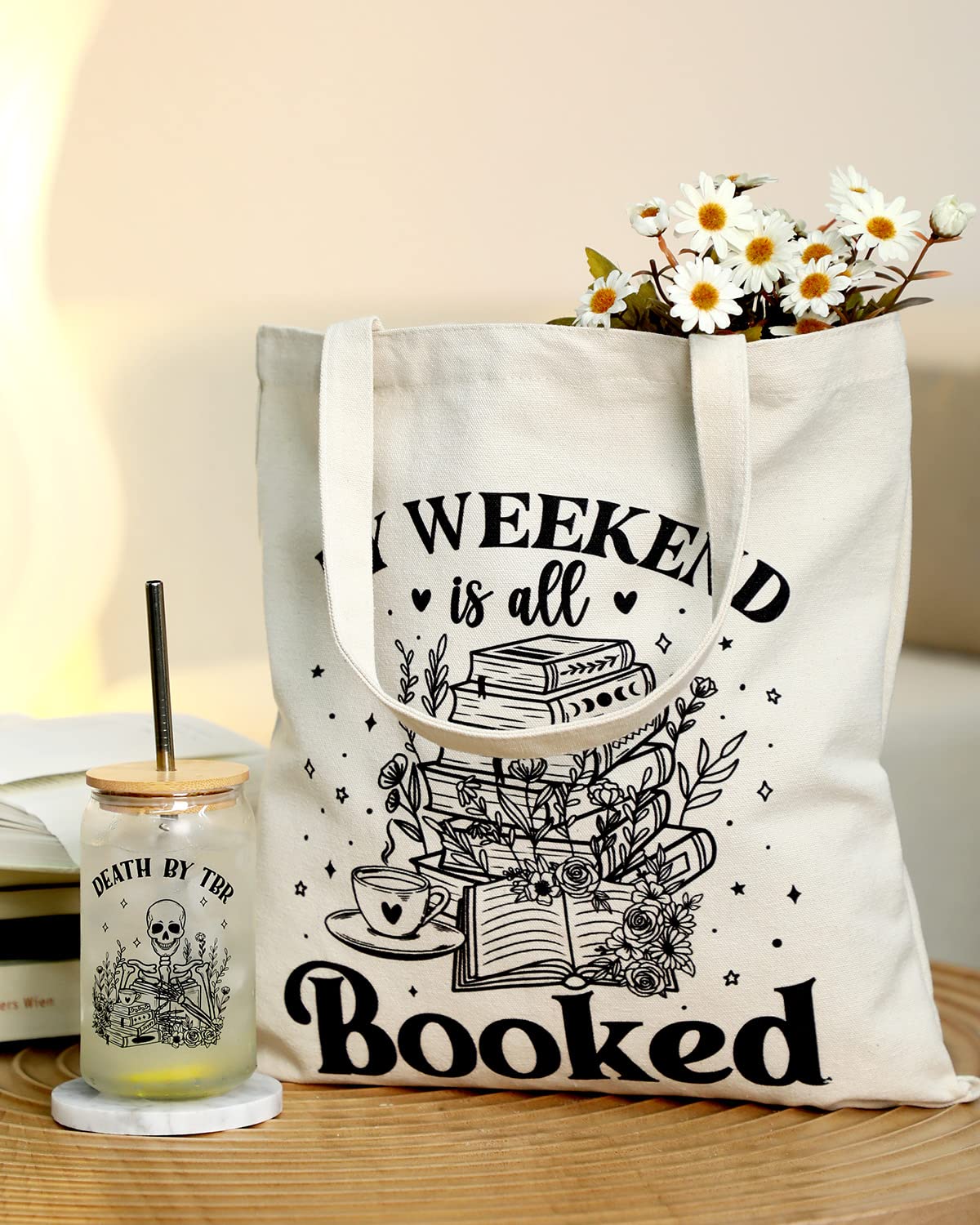 Tuitessine Bookish Gifts for Book Lover Readers Canvas Tote Bag Glass Cup Set Women Teacher Appreciation Gifts Family Birthday Presents