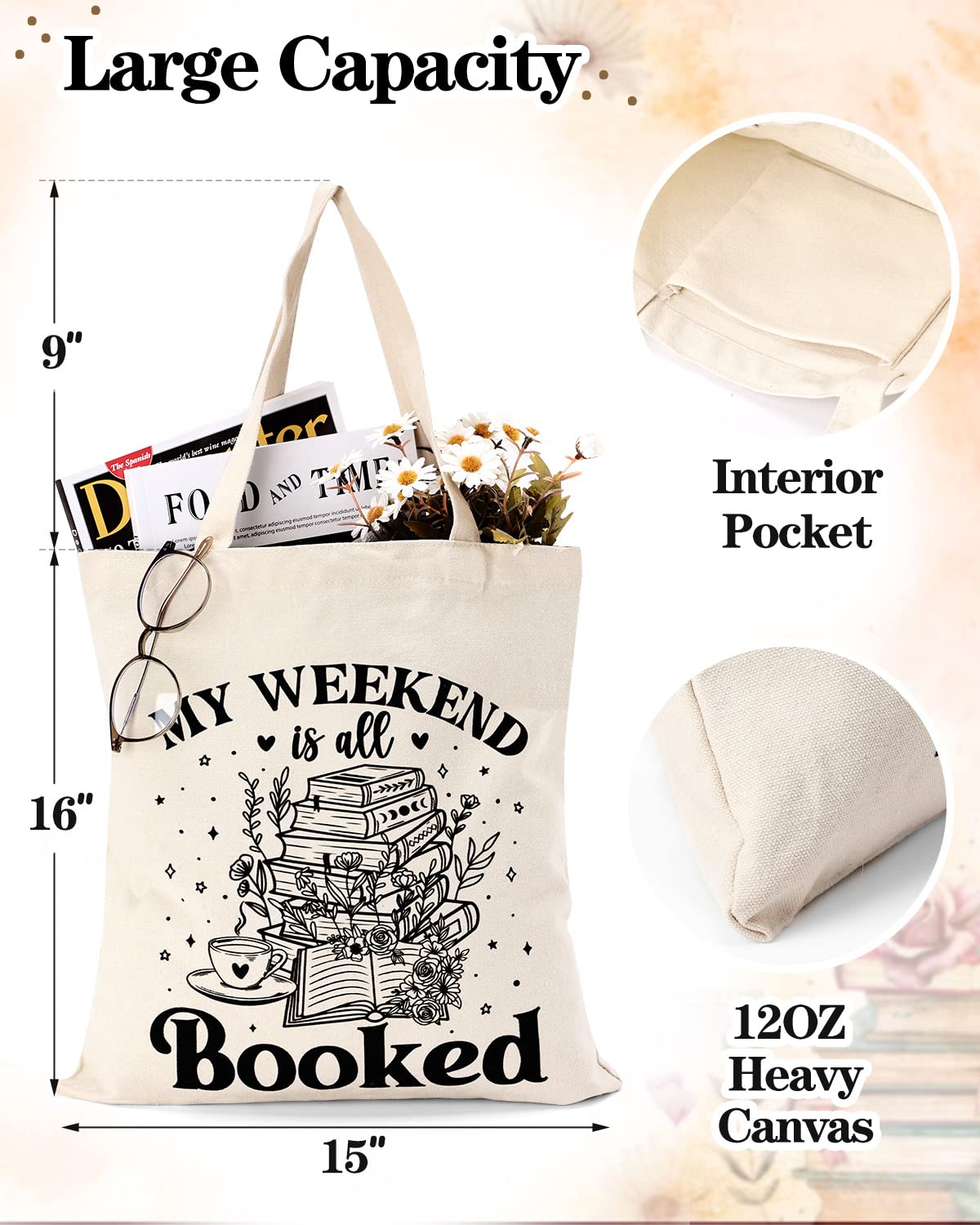 Tuitessine Bookish Gifts for Book Lover Readers Canvas Tote Bag Glass Cup Set Women Teacher Appreciation Gifts Family Birthday Presents