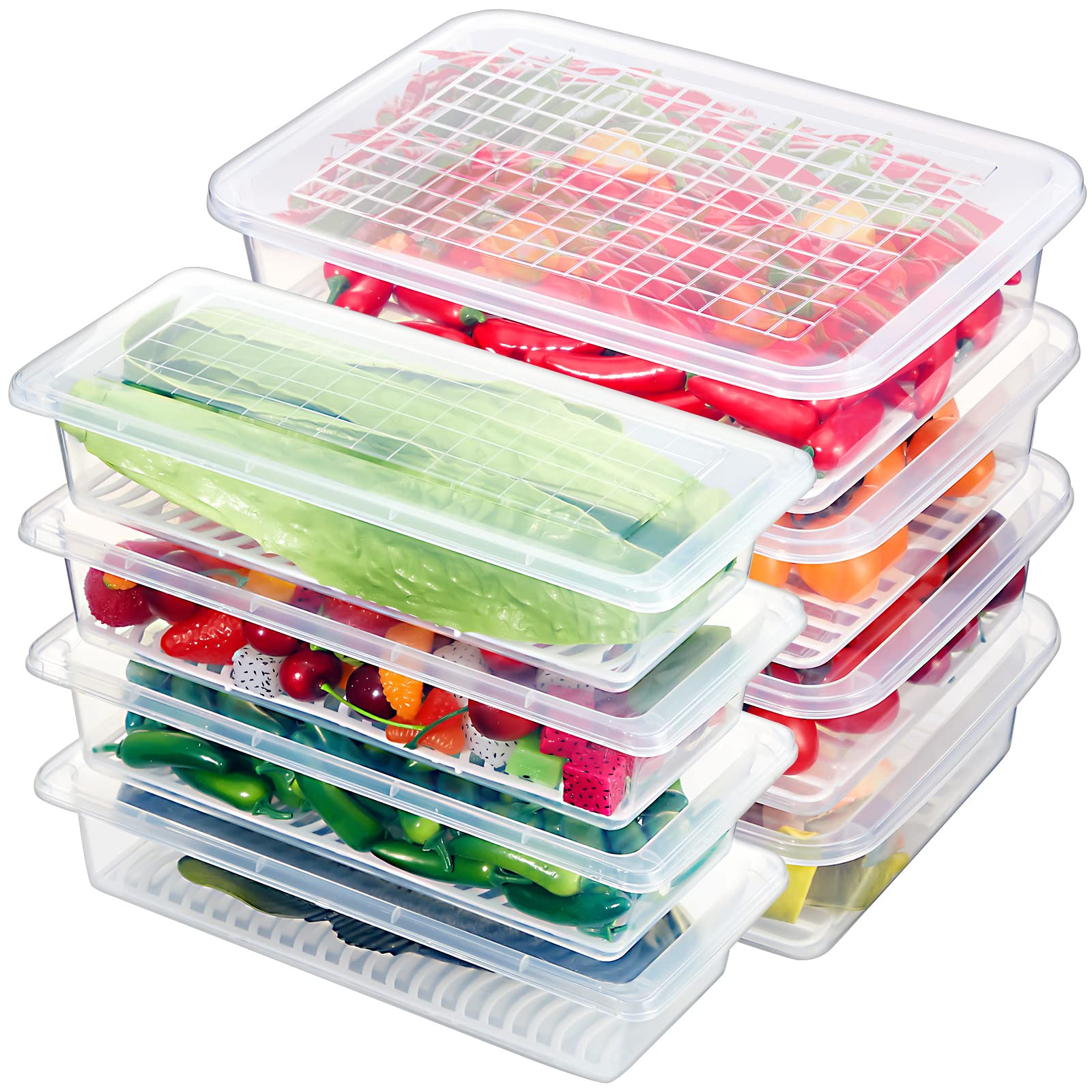 Meanplan Food Storage Containers for Fridge Plastic refrigerator Organizers with Removable Drain Plate and Lid Stackable Produce Containers to Keep Fruits, Vegetables, Meat(8 Packs)