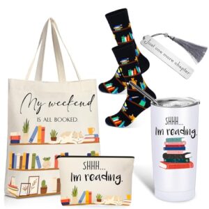 silkfly 5 pcs book lovers gifts set, gifts for book lovers, includes 20 oz tumbler socks bookmark tote bag and cosmetic bag
