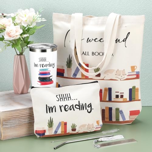 Silkfly 5 Pcs Book Lovers Gifts Set, Gifts for Book Lovers, Includes 20 oz Tumbler Socks Bookmark Tote Bag and Cosmetic Bag