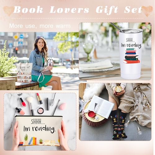 Silkfly 5 Pcs Book Lovers Gifts Set, Gifts for Book Lovers, Includes 20 oz Tumbler Socks Bookmark Tote Bag and Cosmetic Bag