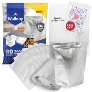 wallaby 60х 1 gallon mylar bag 7.5mil for food storage with 400cc oxygen absorbers & labels - 10"x14" stand-up heat seal bulk resealable gusset ziplock foil bag for freeze dryer, dehydrated dried food