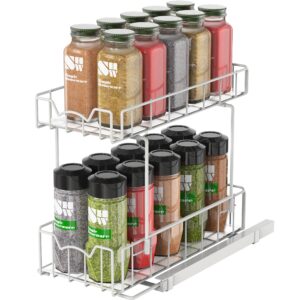 simple houseware 2-tier spice rack slide out wire basket drawer organizer, white