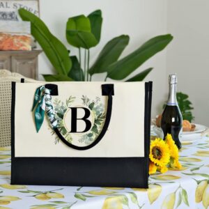 CROWNED BEAUTY Canvas Tote Bag with Zipper Pocket, Personalized Birthday Gift for Women, Floral Initial Letter B Bag for Vacation Beach CT02-B