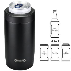 morefeel 4-in-1 skinny can cooler double wall stainless steel insulated can holder, works with 12 oz slim can,standard cans,beer bottles & as pint cups(black)