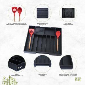 ENES-MM Bamboo Silverware Drawer Organizer Kitchen - Expandable Wood Utensil, Adjustable Cutlery Tray, Flatware Storage, Removable Knife Block and Dividers, Extra Gift Set Silicone Cooking Utensil