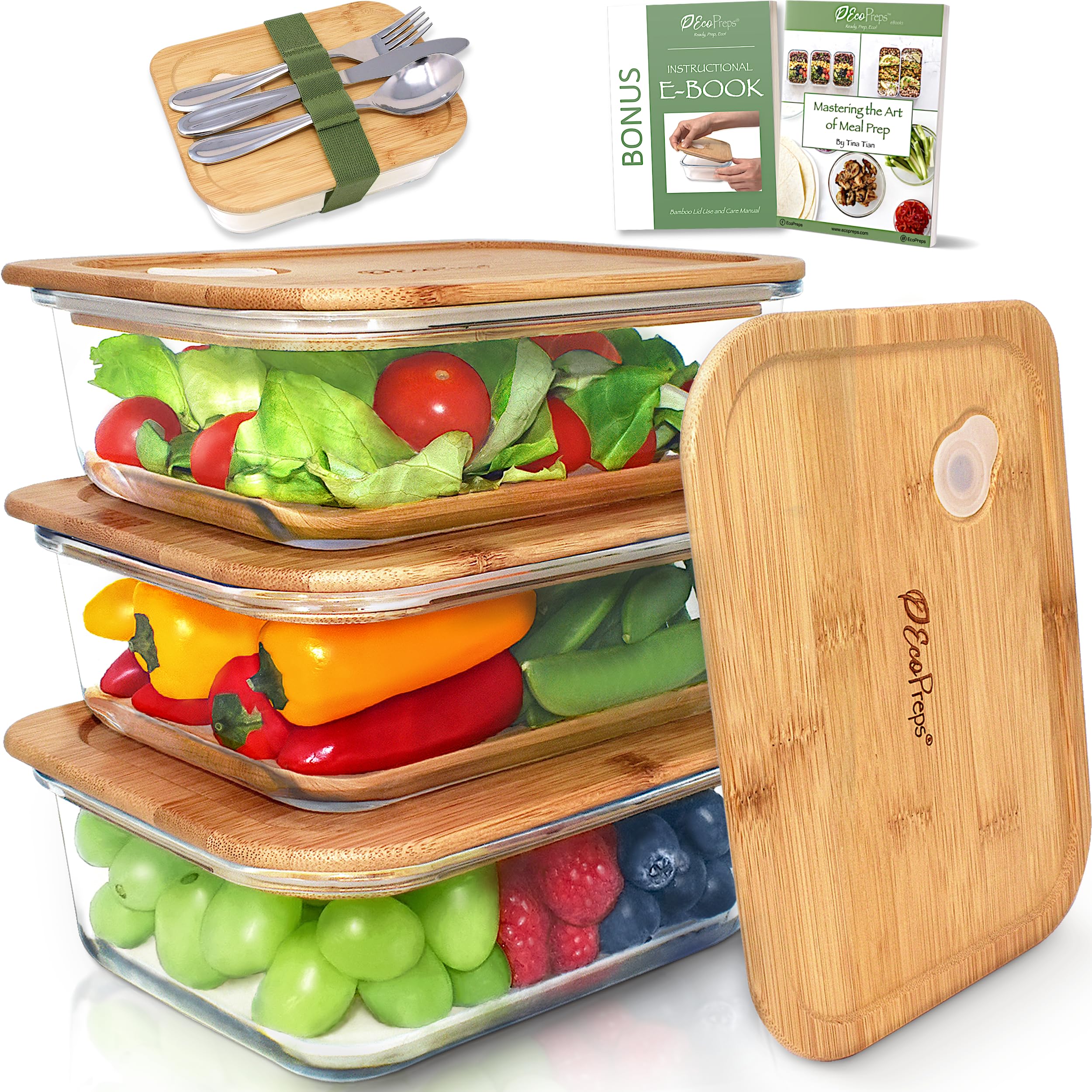 EcoPreps Glass Meal Prep Containers with Bamboo Lids [3 Pack] 100% Plastic Free, Eco-Friendly Glass Lunch Containers, Bamboo Lid Storage Containers, Oven & Microwave Safe Glass Food Storage Containers