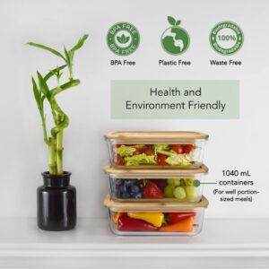 EcoPreps Glass Meal Prep Containers with Bamboo Lids [3 Pack] 100% Plastic Free, Eco-Friendly Glass Lunch Containers, Bamboo Lid Storage Containers, Oven & Microwave Safe Glass Food Storage Containers