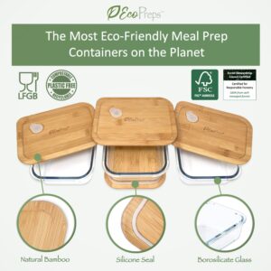 EcoPreps Glass Meal Prep Containers with Bamboo Lids [3 Pack] 100% Plastic Free, Eco-Friendly Glass Lunch Containers, Bamboo Lid Storage Containers, Oven & Microwave Safe Glass Food Storage Containers