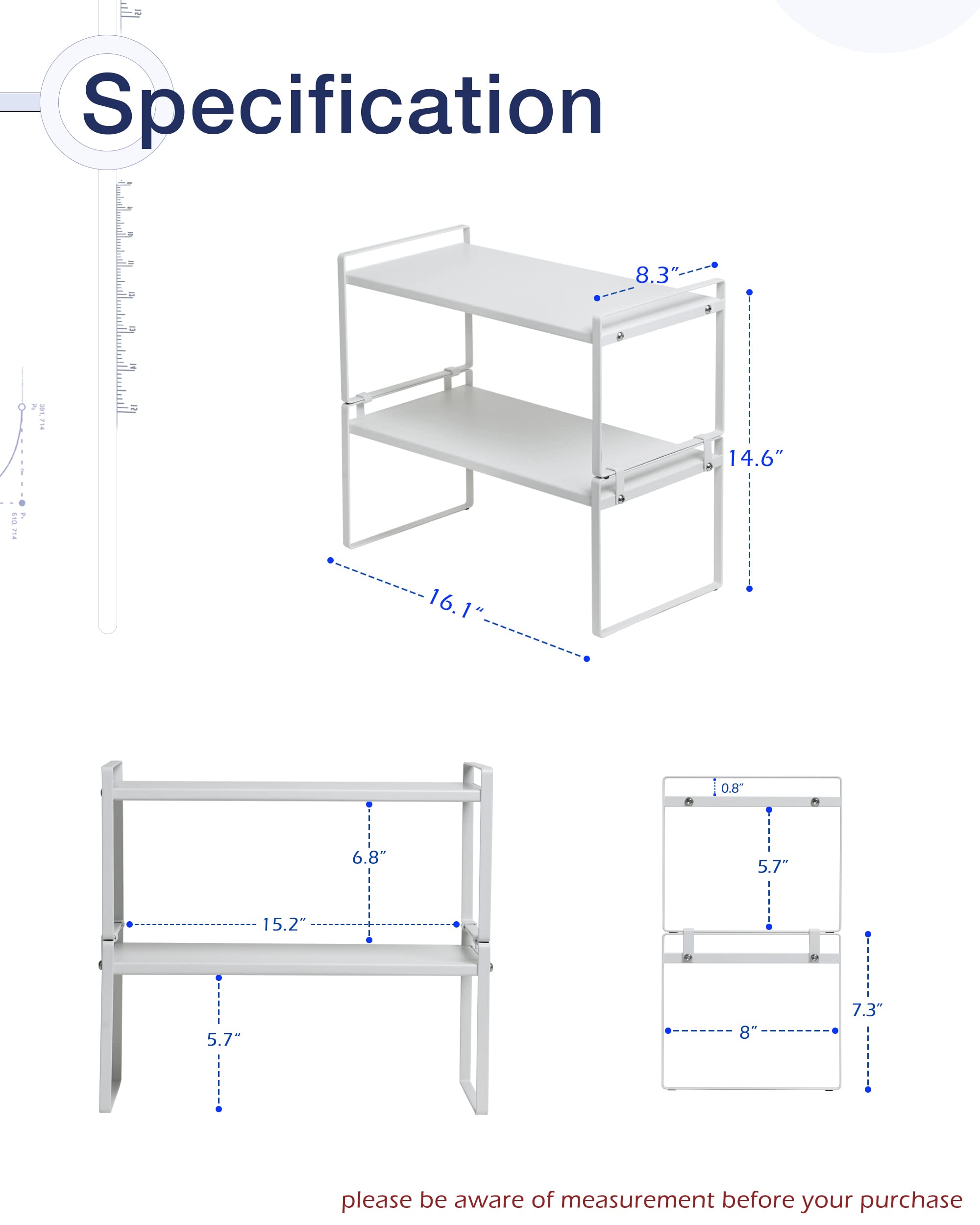 Nxconsu 2Pack Cabinet Shelves Stackable Shelf Organizer Rack Riser for Kitchen Cabinet Pantry Cupboard Counter Countertop Home Organization Storage Space Saver Heavy Duty Metal Nonslip White