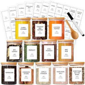 gpovvimx 12 pcs glass spice jars with bamboo airtight lids and 191 labels - 8.5oz small food storage containers for kitchen, seasoning, coffee, herb - spoon and marker included