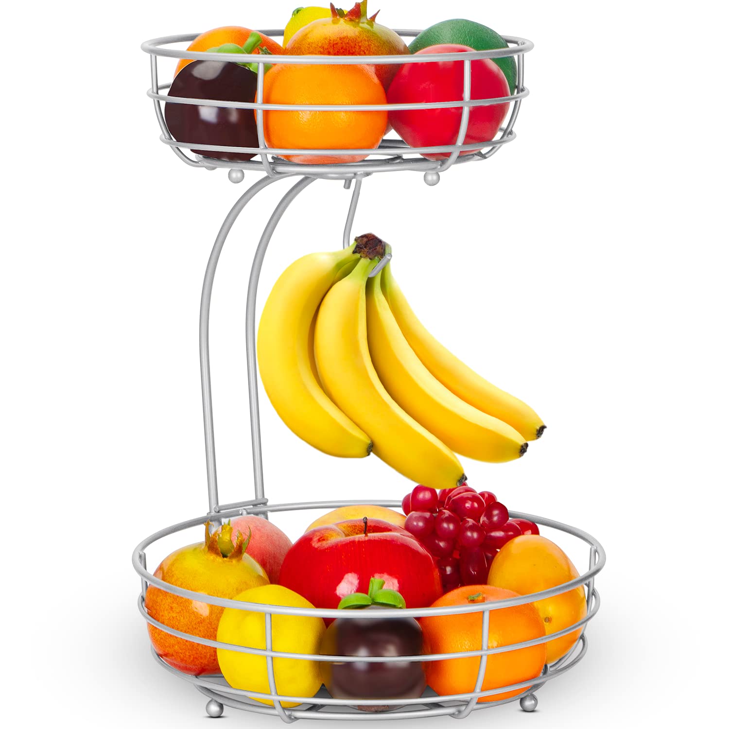 JUWA Auledio 2-Tier Countertop Fruit Vegetables Basket Bowl Storage With Banana Hanger,Silver