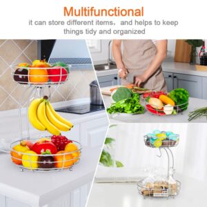 JUWA Auledio 2-Tier Countertop Fruit Vegetables Basket Bowl Storage With Banana Hanger,Silver