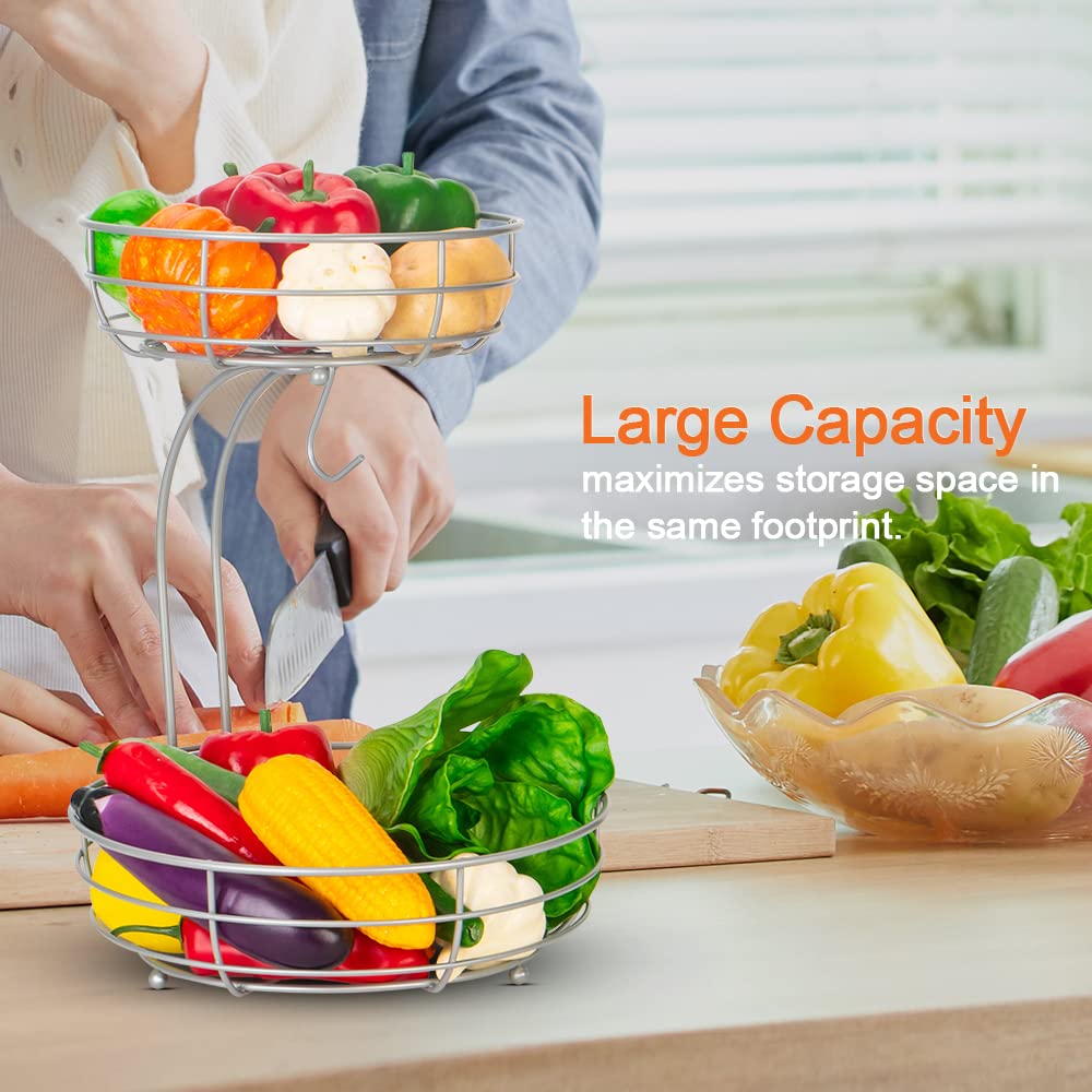 JUWA Auledio 2-Tier Countertop Fruit Vegetables Basket Bowl Storage With Banana Hanger,Silver