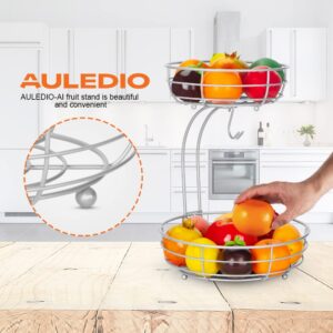 JUWA Auledio 2-Tier Countertop Fruit Vegetables Basket Bowl Storage With Banana Hanger,Silver