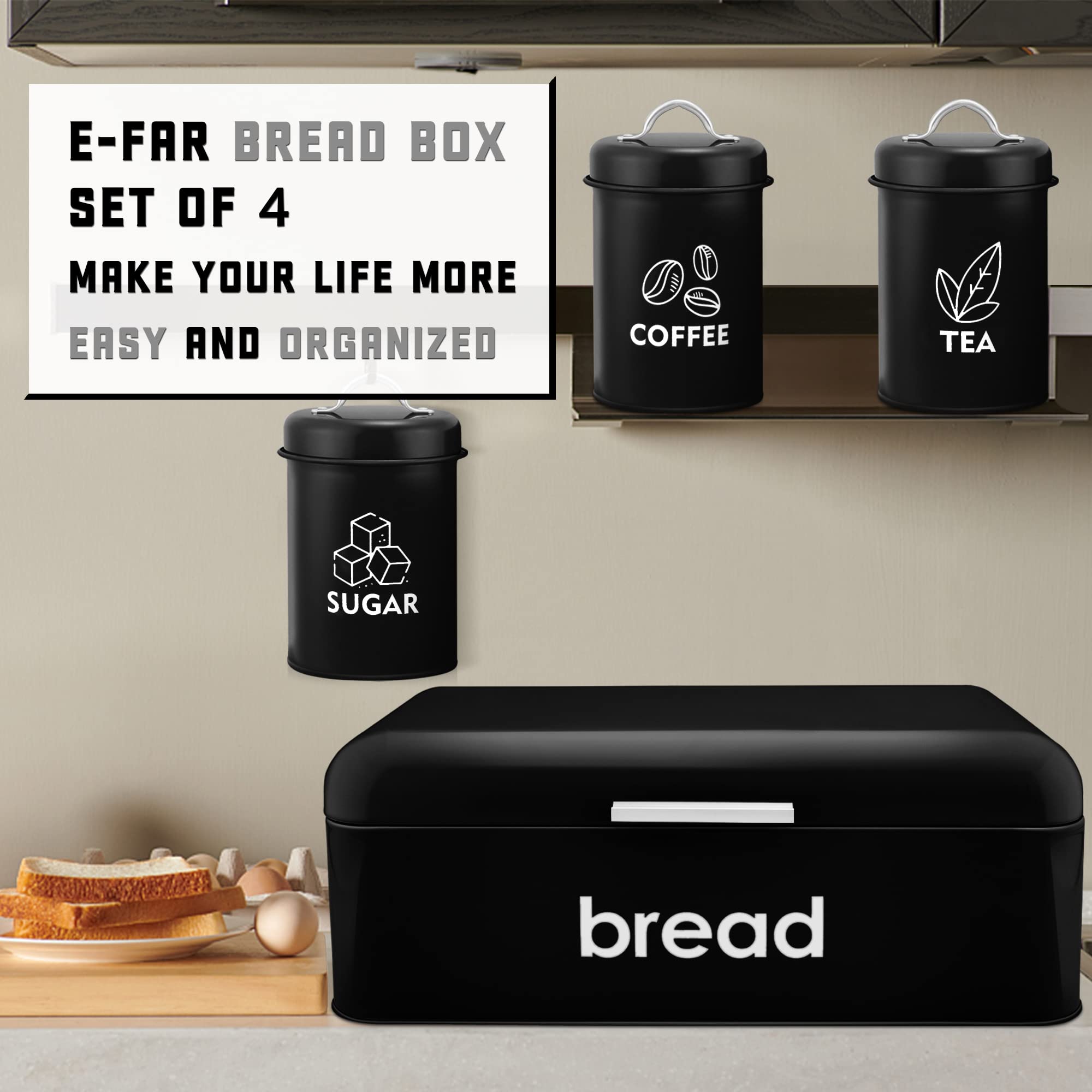 E-far Black Bread Box for Kitchen Counter, Vintage Bread Storage Container with 3 Matching Coffee Tea Sugar Canisters, Metal Bread Bin for Loaves, Muffins, Dry Food (16.7” x 9” x 6.4”)