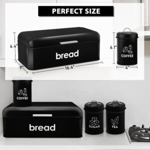 E-far Black Bread Box for Kitchen Counter, Vintage Bread Storage Container with 3 Matching Coffee Tea Sugar Canisters, Metal Bread Bin for Loaves, Muffins, Dry Food (16.7” x 9” x 6.4”)