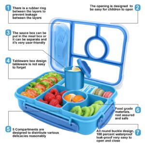 Demiue Lunch Box, Bento Box, Lunch Containers for Adults/Kids/Toddler,5 Compartments Bento Lunch Box with Sauce Vontainers,Microwave & Dishwasher & Freezer Safe,BPA Free(Blue)