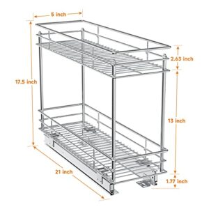 ROOMTEC Pull Out Cabinet Organizer for Narrow Cabinet (5" W X 21" D), Kitchen Cabinet Organizer and Storage 2-Tier Cabinet Pull Out Shelves Under Cabinet Storage for Kitchen, Chrome