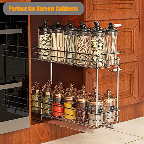 ROOMTEC Pull Out Cabinet Organizer for Narrow Cabinet (5" W X 21" D), Kitchen Cabinet Organizer and Storage 2-Tier Cabinet Pull Out Shelves Under Cabinet Storage for Kitchen, Chrome