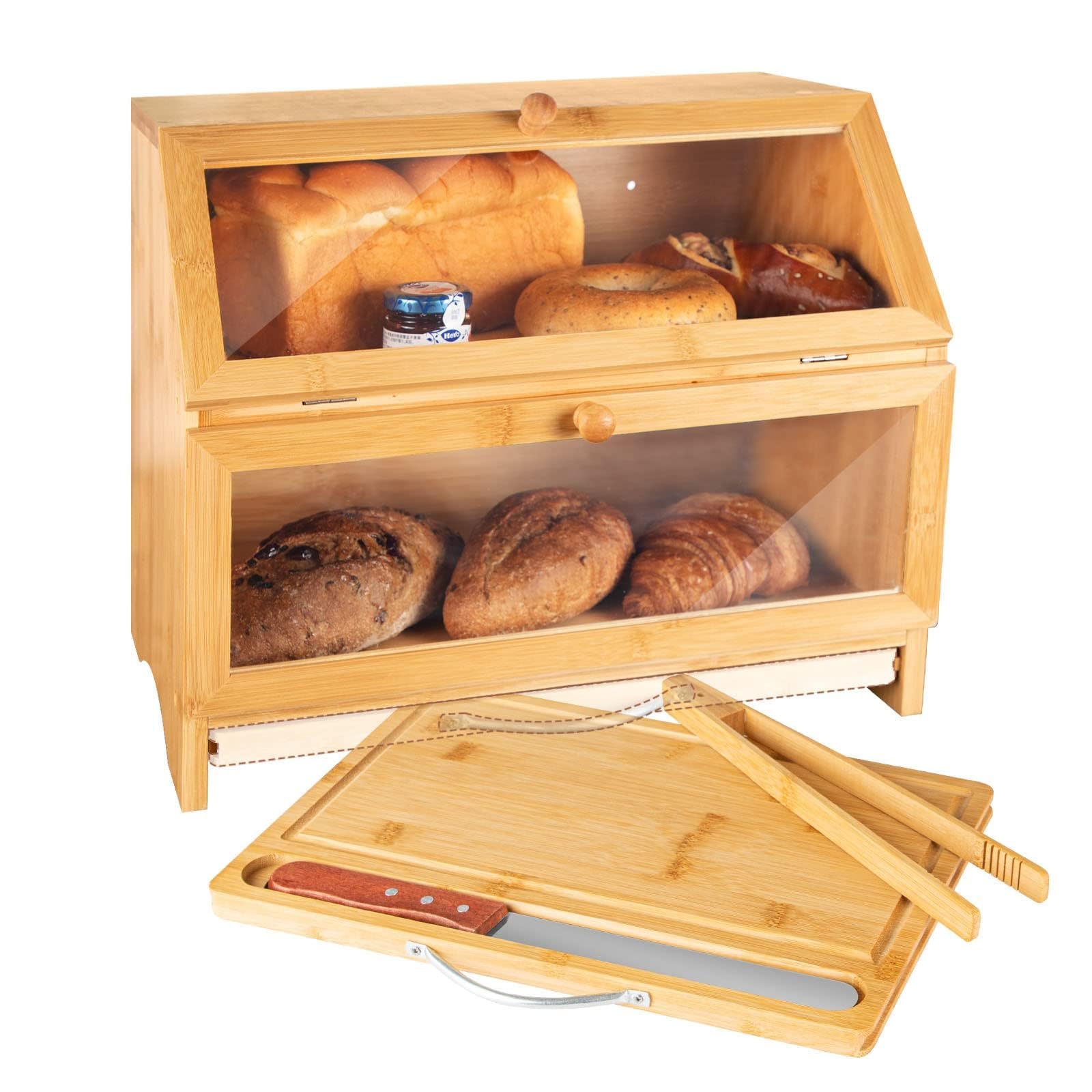 Vrullu Bread Box for Kitchen Countertop, Bamboo Bread Container with Double Layer, Large Capacity Bread Storage with Acrylic Doors, Cutting Board and Stainless Steel Bread Knife