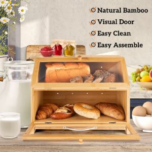 Vrullu Bread Box for Kitchen Countertop, Bamboo Bread Container with Double Layer, Large Capacity Bread Storage with Acrylic Doors, Cutting Board and Stainless Steel Bread Knife