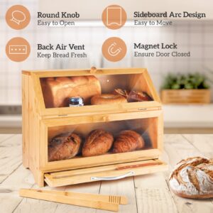 Vrullu Bread Box for Kitchen Countertop, Bamboo Bread Container with Double Layer, Large Capacity Bread Storage with Acrylic Doors, Cutting Board and Stainless Steel Bread Knife