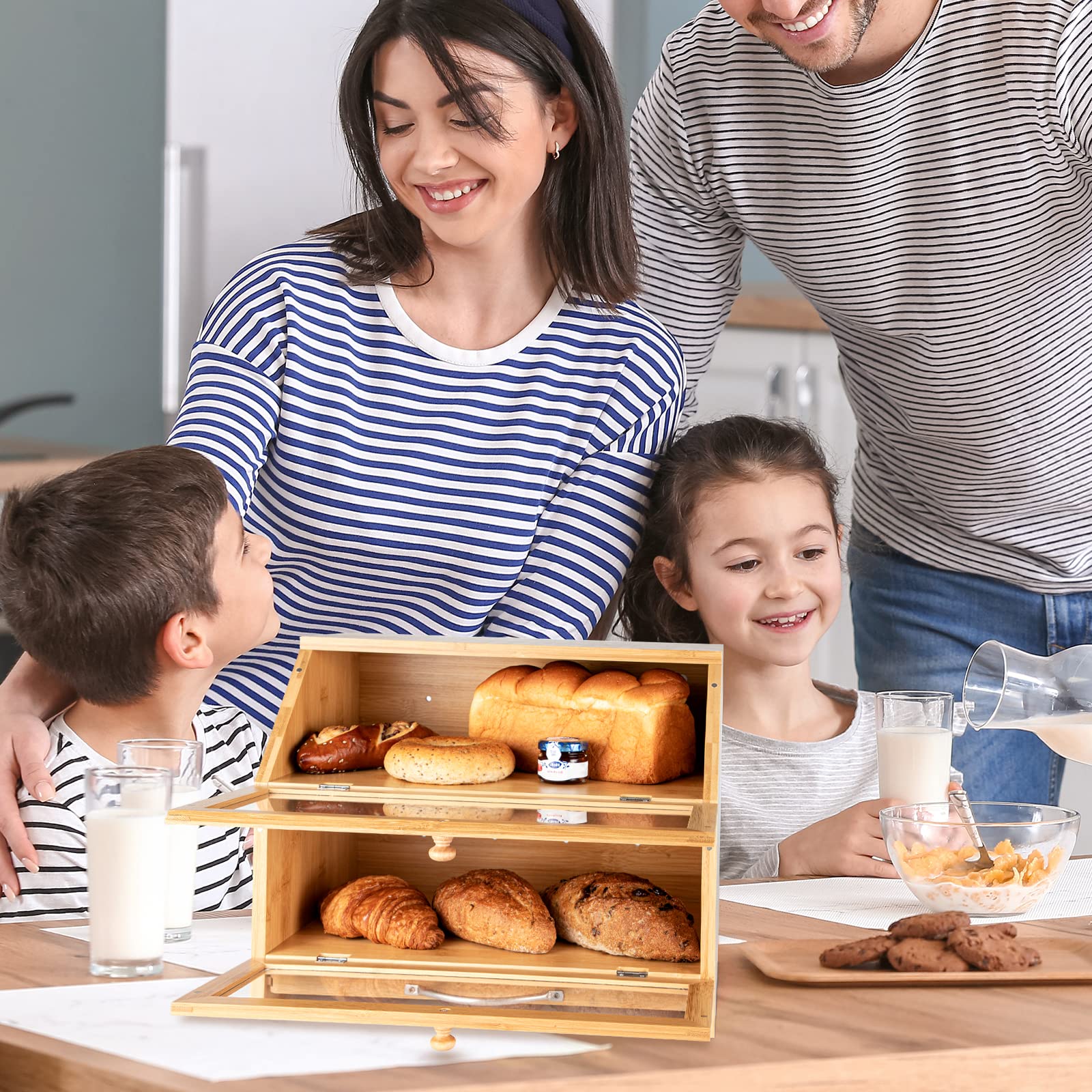 Vrullu Bread Box for Kitchen Countertop, Bamboo Bread Container with Double Layer, Large Capacity Bread Storage with Acrylic Doors, Cutting Board and Stainless Steel Bread Knife