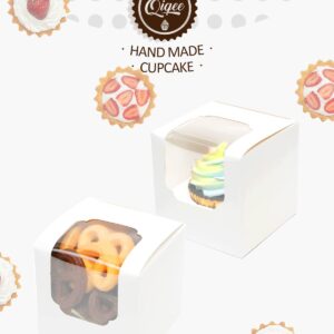 qiqee 100pcs Auto-Popup Mini Cupcake Boxes Individual White 2.5" x 2.5" x 2.5" Single Cupcake Carrier Container for Wedding Favor Birthday ＆ Party（Mini Size）