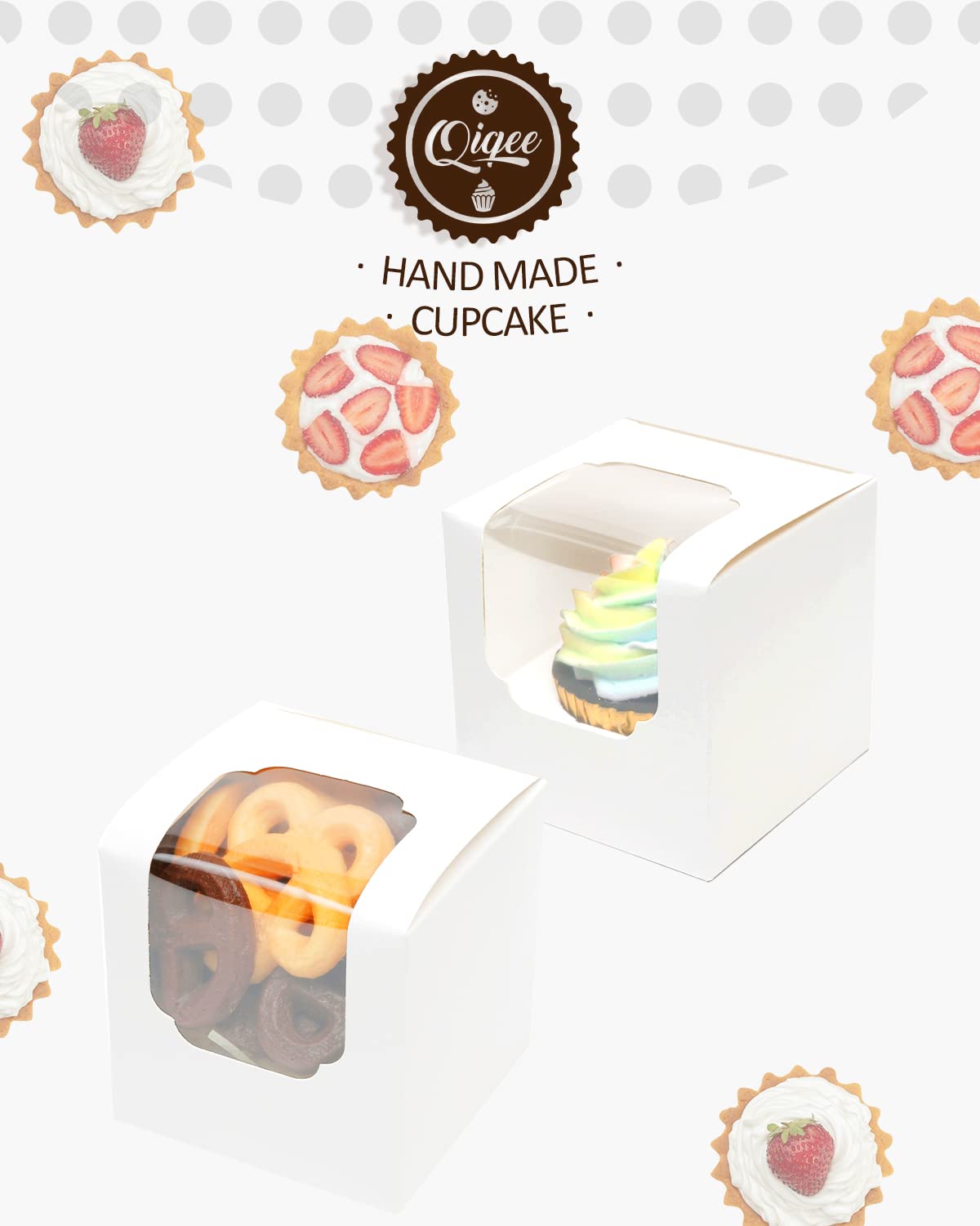 qiqee 100pcs Auto-Popup Mini Cupcake Boxes Individual White 2.5" x 2.5" x 2.5" Single Cupcake Carrier Container for Wedding Favor Birthday ＆ Party（Mini Size）