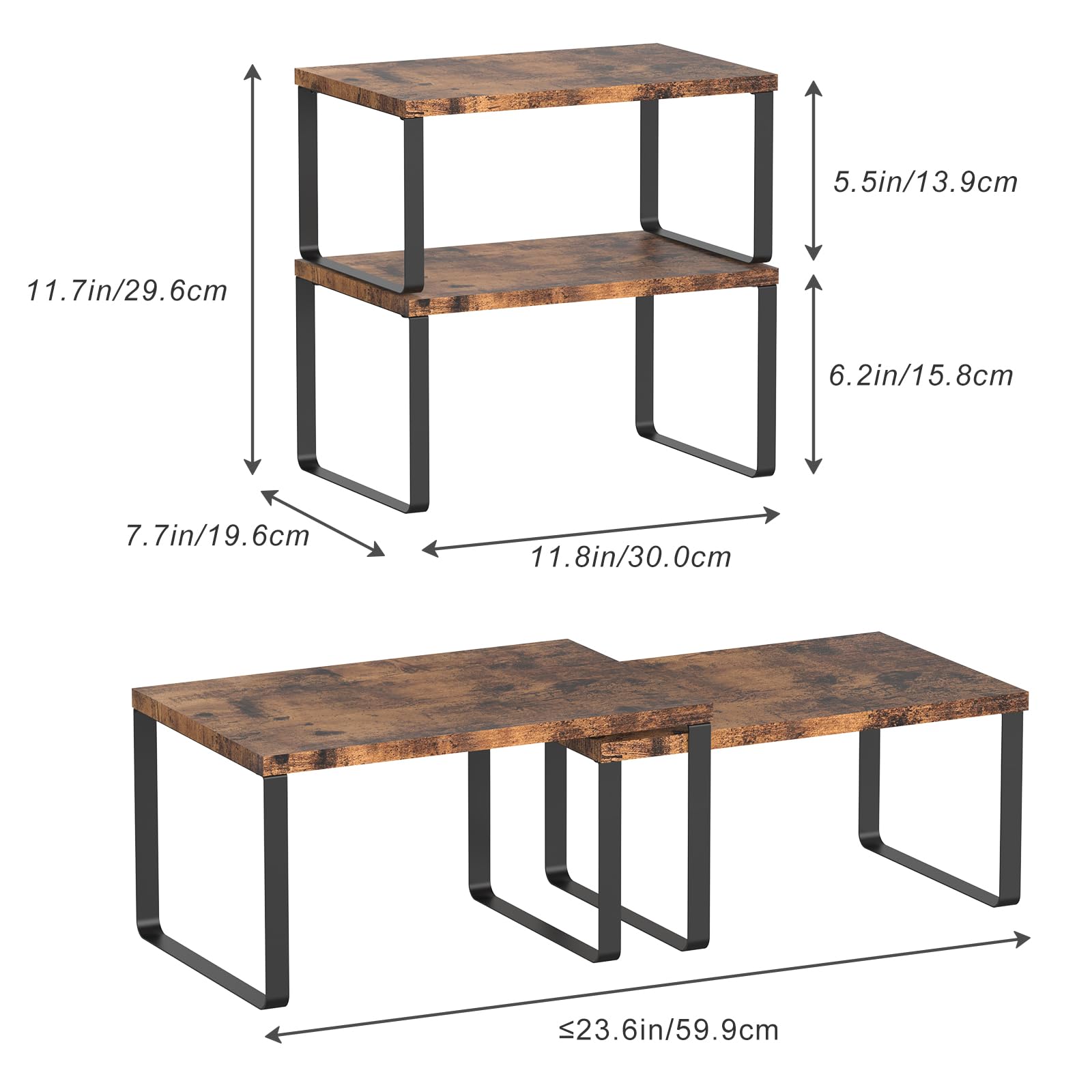 CADUKE Kitchen Cabinet Shelves Organizer Set of 2 Stackable Counter Shelves Industrial Expandable Countertop Organizer Racks Rustic Brown Wood Dish Rack