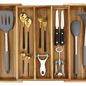 EcoFives Luxury Acacia Silverware Organizer -Kitchen Drawer Organizer - Utensil Holder and Cutlery Organizer with Grooved Drawer Dividers for Flatware and Kitchen Utensils (5 Slot)