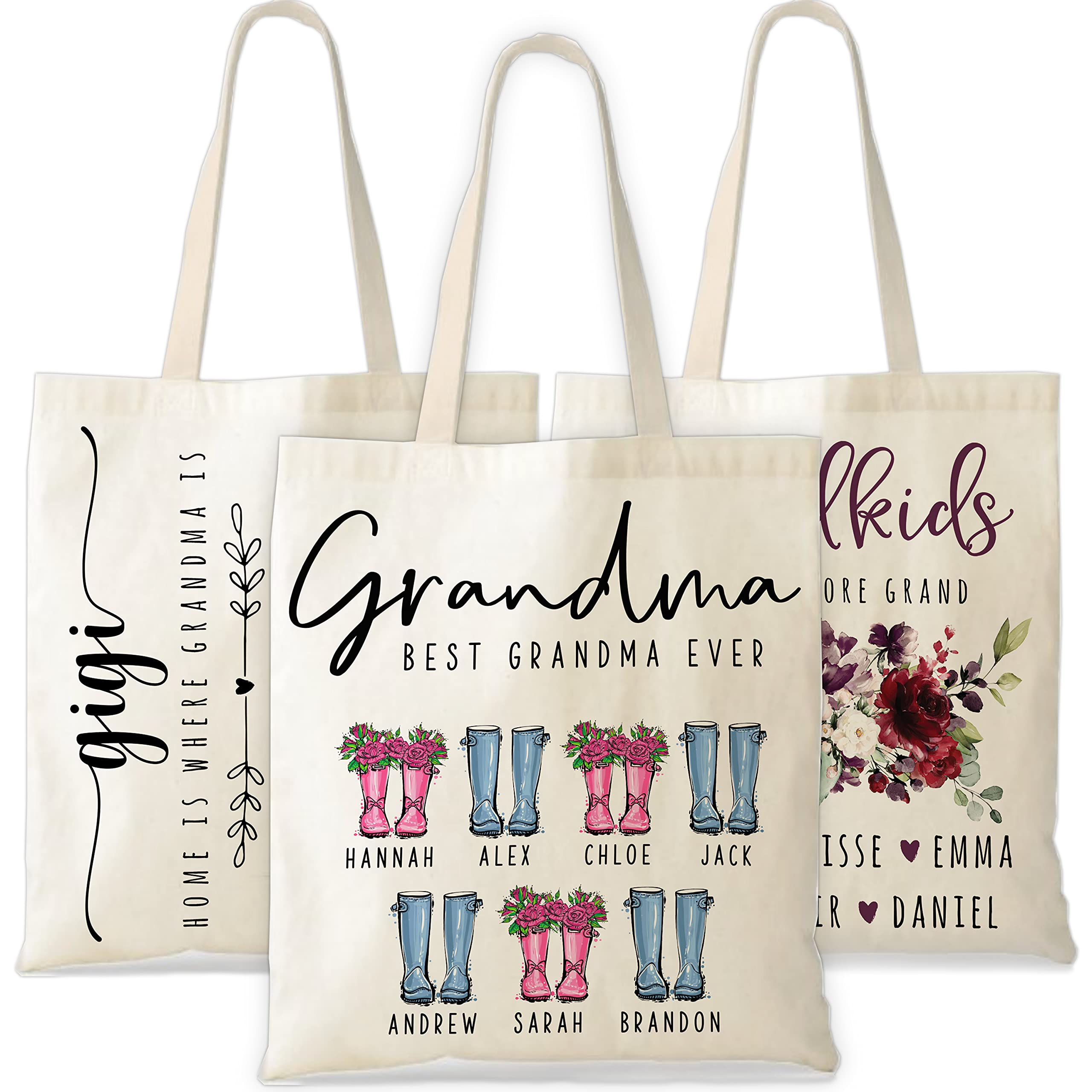 Zexpa Apparel Personalized Grandma Tote Bag Gifts from Grandkids w/Names, Customized Grandparent Floral Totes Bags