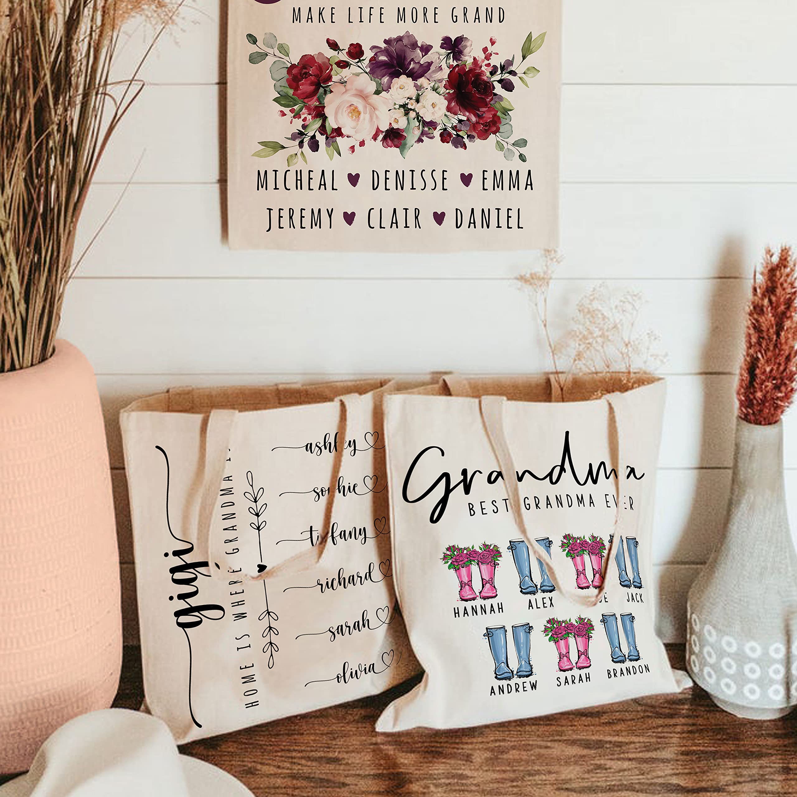 Zexpa Apparel Personalized Grandma Tote Bag Gifts from Grandkids w/Names, Customized Grandparent Floral Totes Bags