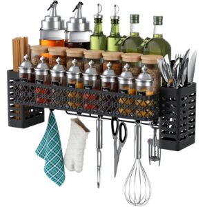 tamomic hanging spice rack wall mount, over stove spice organizer shelf with wall hanging utensil holder 6 hooks for kitchen, black