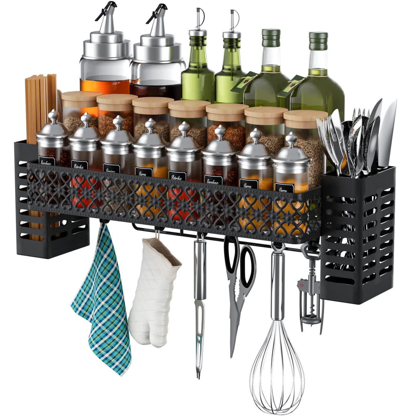 Tamomic Hanging Spice Rack Wall Mount, Over Stove Spice Organizer Shelf with Wall Hanging Utensil Holder 6 Hooks for Kitchen, Black