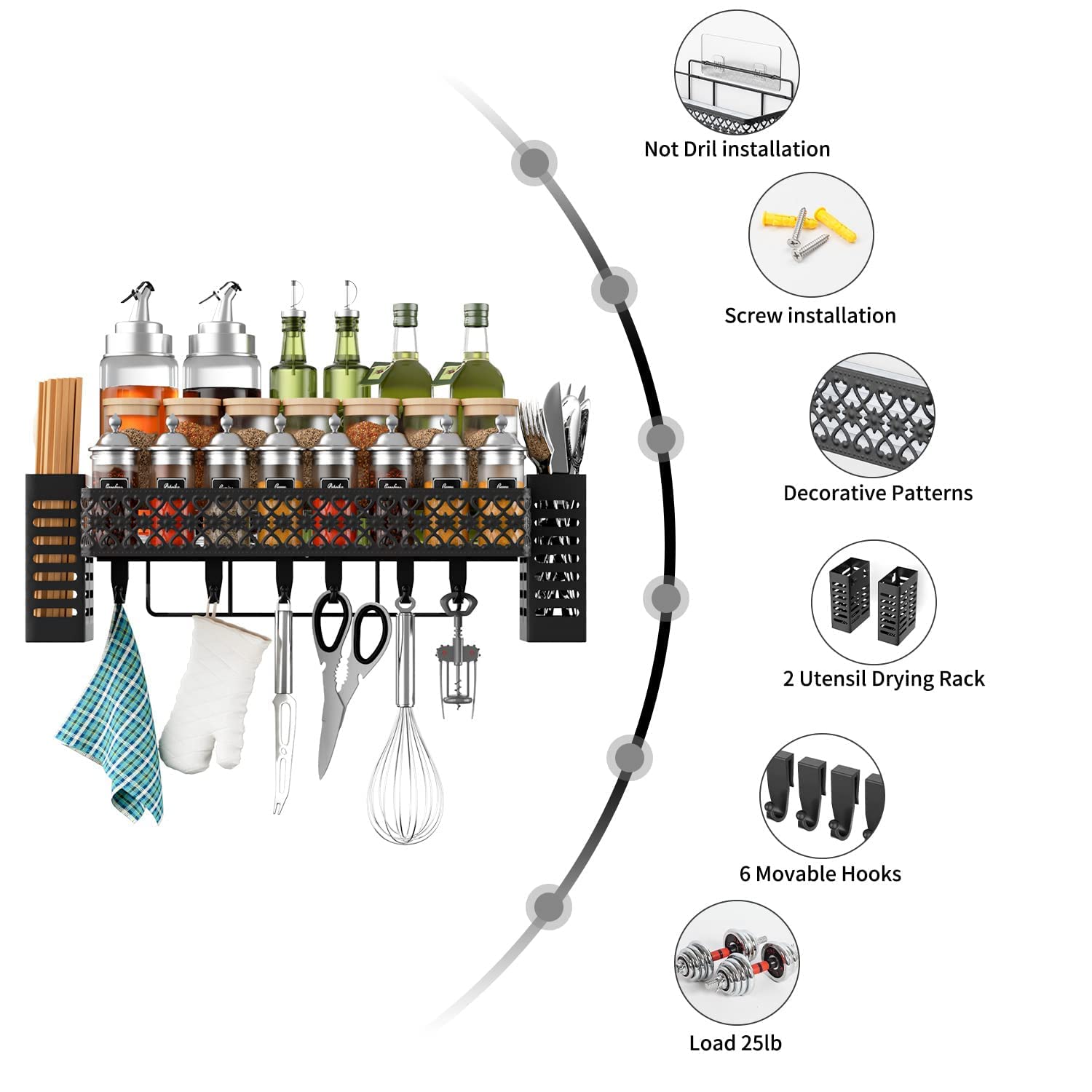 Tamomic Hanging Spice Rack Wall Mount, Over Stove Spice Organizer Shelf with Wall Hanging Utensil Holder 6 Hooks for Kitchen, Black