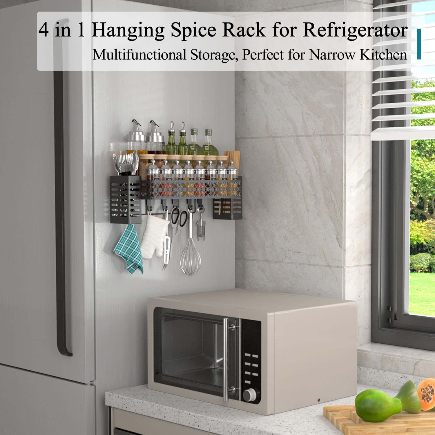 Tamomic Hanging Spice Rack Wall Mount, Over Stove Spice Organizer Shelf with Wall Hanging Utensil Holder 6 Hooks for Kitchen, Black