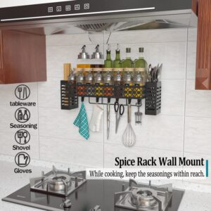 Tamomic Hanging Spice Rack Wall Mount, Over Stove Spice Organizer Shelf with Wall Hanging Utensil Holder 6 Hooks for Kitchen, Black