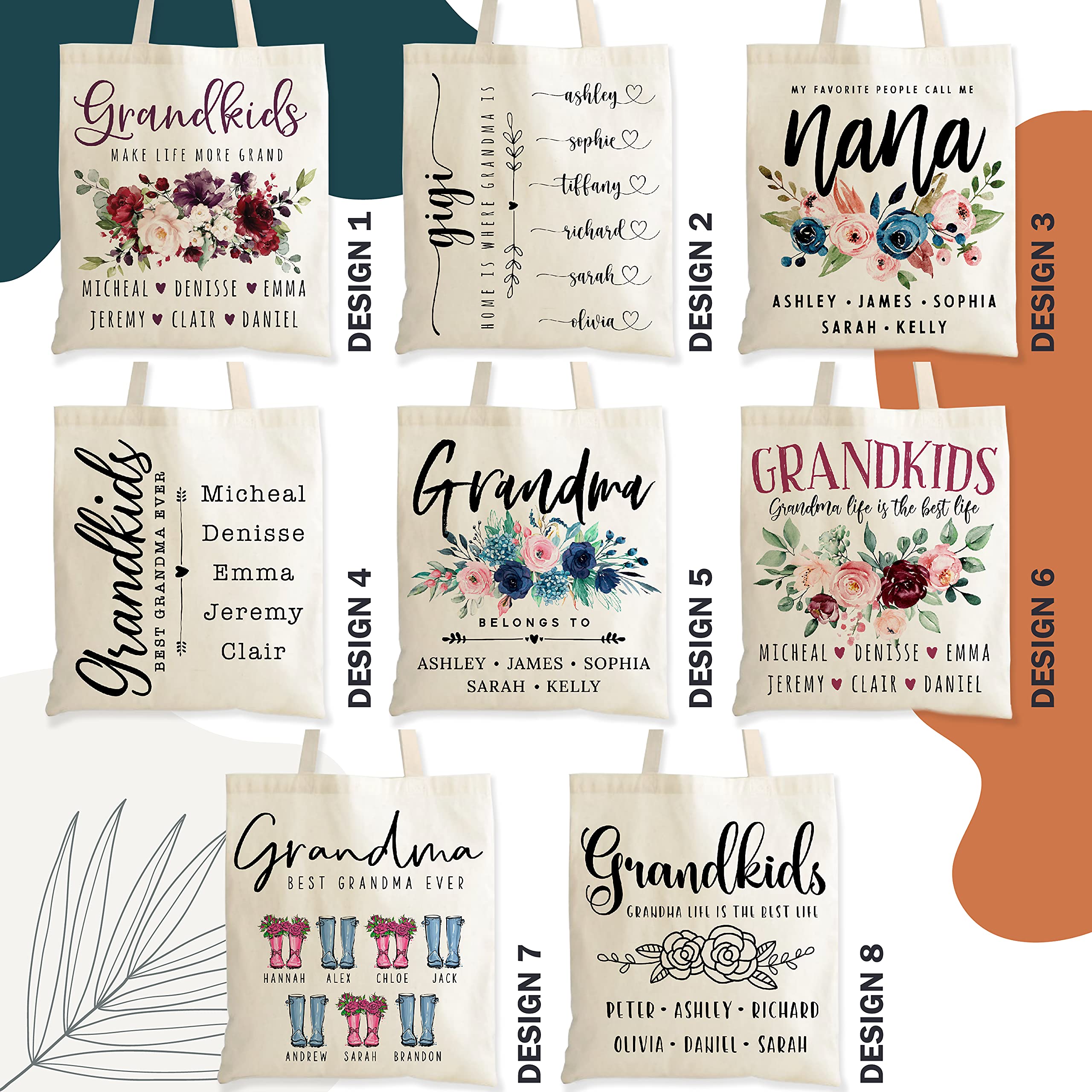 Zexpa Apparel Personalized Grandma Tote Bag Gifts from Grandkids w/Names, Customized Grandparent Floral Totes Bags