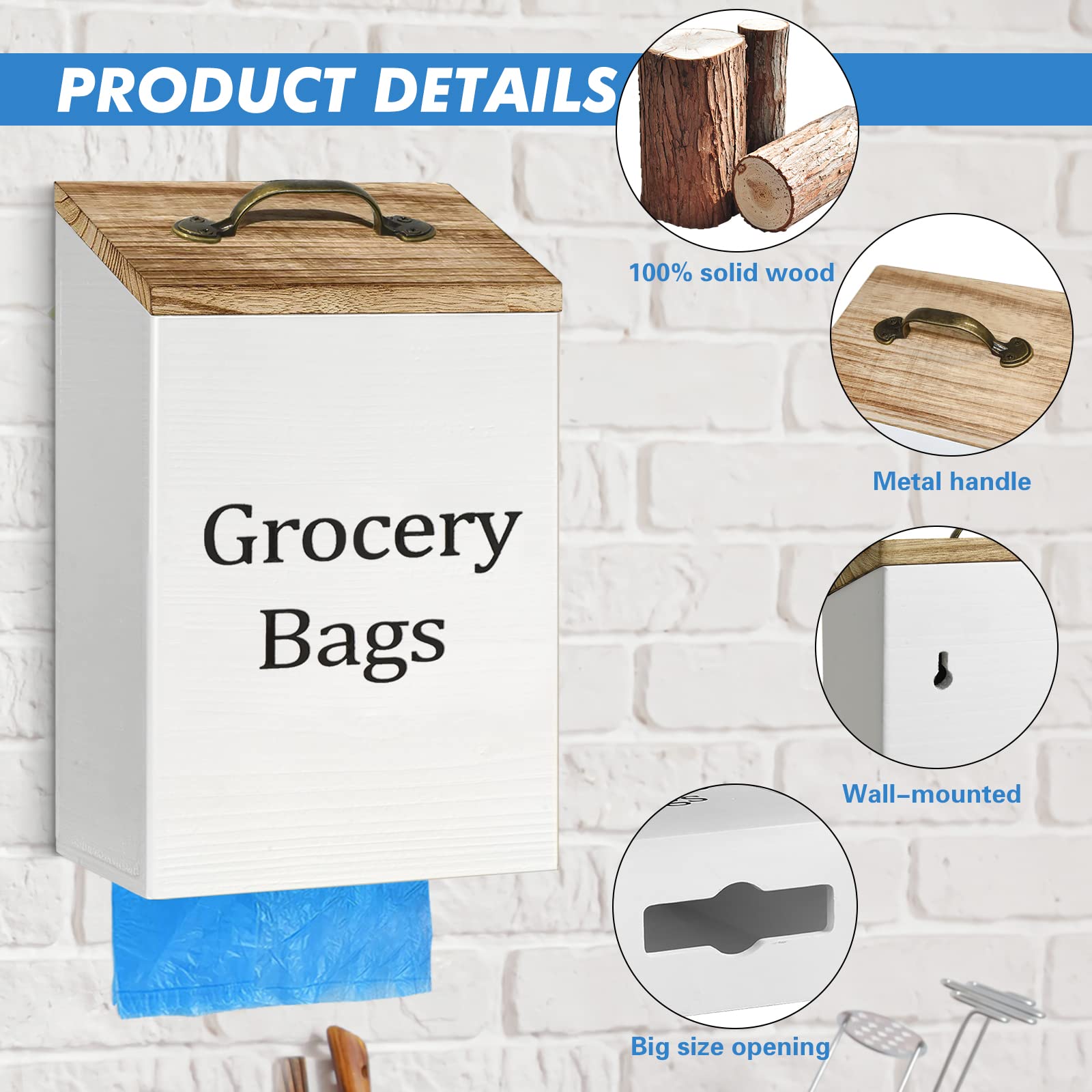 Wall Mount Grocery Plastic Bag Holder and Dispenser for Plastic Bags, Grocery Bag Dispenser with Lid, Plastic Bag Holder for Grocery Bags, Plastic Bag Organizer for Kitchen and Laundry Room